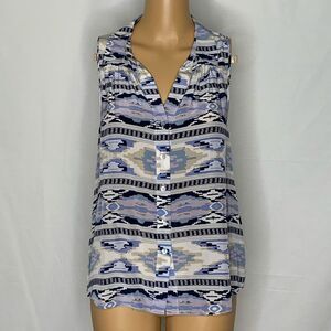 Alcee Silk Aztec Print Open Tie Back Blouse Shirt Boho Button Front Southwestern